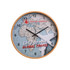 A round wall clock featuring a world map design with an orange frame and aircraft motifs.