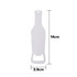 A drink bottle shaped opener in white, featuring a round hole for easy attachment and a logo. Measures 14cm by 3.9cm.