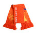 An orange elastic spandex scarf with fringe detailing and a logo. Features vibrant graphics in multiple colours.