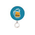 A circular badge featuring a graphic of a beer mug on a teal background with a silver ring attachment.