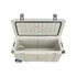 A 120L cooler box in cream colour with wheels, featuring a spacious, divided interior and a lid for easy access.