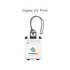 A white ABS luggage tag with a clip, featuring a logo and a space for a name.