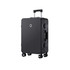 A ribbed black ABS suitcase with a retractable handle and four wheels, featuring a logo on the front.