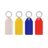 A set of four long hexagon hard plastic keyrings in white, yellow, blue, and red, each with a metal keyring attachment.