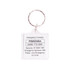 A clear square acrylic keyring with a silver metal ring, displaying emergency contact information.