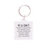 A square acrylic keyring with a clear design and a metal ring, featuring printed text and a logo.