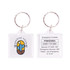 A square acrylic keyring featuring a colourful logo and emergency contact details on one side.