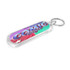 An oblong acrylic keyring in vibrant pink and green with a decorative design and attached metal keyring.