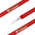 A red satin lanyard with a logo and a metal clip for attaching items.