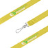 A yellow satin lanyard featuring a metal clip and a logo. Ideal for events and exhibitions.