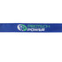 A blue satin lanyard featuring a logo and branding in green and white colours.