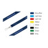 A navy blue poly satin lanyard with a silver clip and a logo. Other colour options include light blue, red, yellow, white, black, green, and grey.