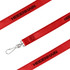 A red poly satin lanyard with a metal clip and a branded logo. Ideal for events and exhibitions.