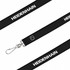 A black poly satin lanyard featuring a logo and a metal clip for attachment.
