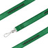 A green poly satin lanyard with a logo and a metal clip for attachment.