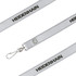 A poly satin lanyard in silver with a metal clip and a logo, featuring a smooth finish suitable for events.