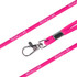 A pink poly rope lanyard with a metal clip and a logo along the length of the lanyard.