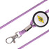 A purple and white lanyard with a retractable holder and a metal clip for attachment, featuring a branded logo.