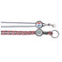 A lanyard with a braided red and grey design, featuring an attached ring and a clip, along with branded epoxy domes.