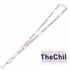 A white ribbed lanyard with a silver clasp and repeating text pattern, featuring a logo.