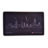 A black mouse mat featuring a skyline design in white outline, with a logo in the corner.