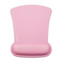 A pink mouse mat with a curved design and a wrist support section, featuring a logo.