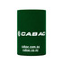 A green stubby holder with a logo and text, designed for drinkware.