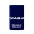 A navy blue stubby holder featuring a logo and website details on a plain background.