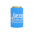 A drink bottle holder in bright blue, featuring a logo, designed to fit standard cans.
