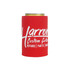 A red stubby holder featuring a logo, designed to fit drink cans.