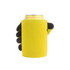 A yellow stubby holder shaped like a hand, designed to fit around a drink can. It has a logo on it.