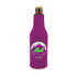 A drink bottle is wrapped in a purple zippered cooler featuring a logo.
