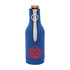 A drink bottle cooler in blue with a zippered design and a logo on the front. Suitable for standard bottles.