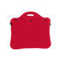 A red laptop bag with a handle, designed for carrying laptops. It features a smooth exterior and has a logo.