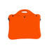 An orange laptop bag with a handle, featuring a simple design and smooth finish. It has a logo on the surface.