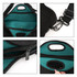 A black laptop bag with a teal interior, featuring handles, zippers, and interior pockets. Includes a logo.