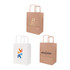 Three flat handle kraft paper bags in brown and white, featuring various designs and logos.