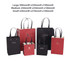 A collection of knitted handle bags in red and black, featuring varying sizes and designs, with handles and a logo.