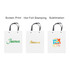 A white paper bag featuring knitted handles, with various printed logos in gold and coloured designs.