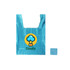 A blue reusable foldaway shopping bag with a logo printed on the front and a matching compact storage pouch.