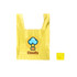 A yellow reusable foldaway shopping bag with a logo and a compact folded version beside it.