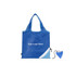 A blue reusable shopping bag with a light blue accent and a attached pouch for foldaway storage. It has a logo.