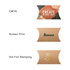 A small brown kraft pillow box featuring various printing techniques and a logo, with a curved design.