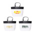 Three small black and white paper bags with black handles, featuring different logos on the front.