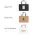 Three paper bags in different colours: black, brown, and white, each featuring a knitted handle and various print designs.