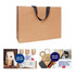 A medium brown paper bag with a flat black handle, featuring a logo on the front.