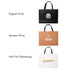 Three large paper bags with flat handles in black, brown, and white, featuring different print designs and a logo.