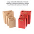 Small vertical paper bag in red with rope handle, measuring 150mmW x 220mmH x 90mmD, alongside larger bags in brown.