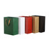 Small crosswise paper bags in green, white, red, brown, and black, each with a rope handle.