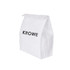 A white Tyvek cooler lunch bag with a rectangular shape and a brand logo on the front.